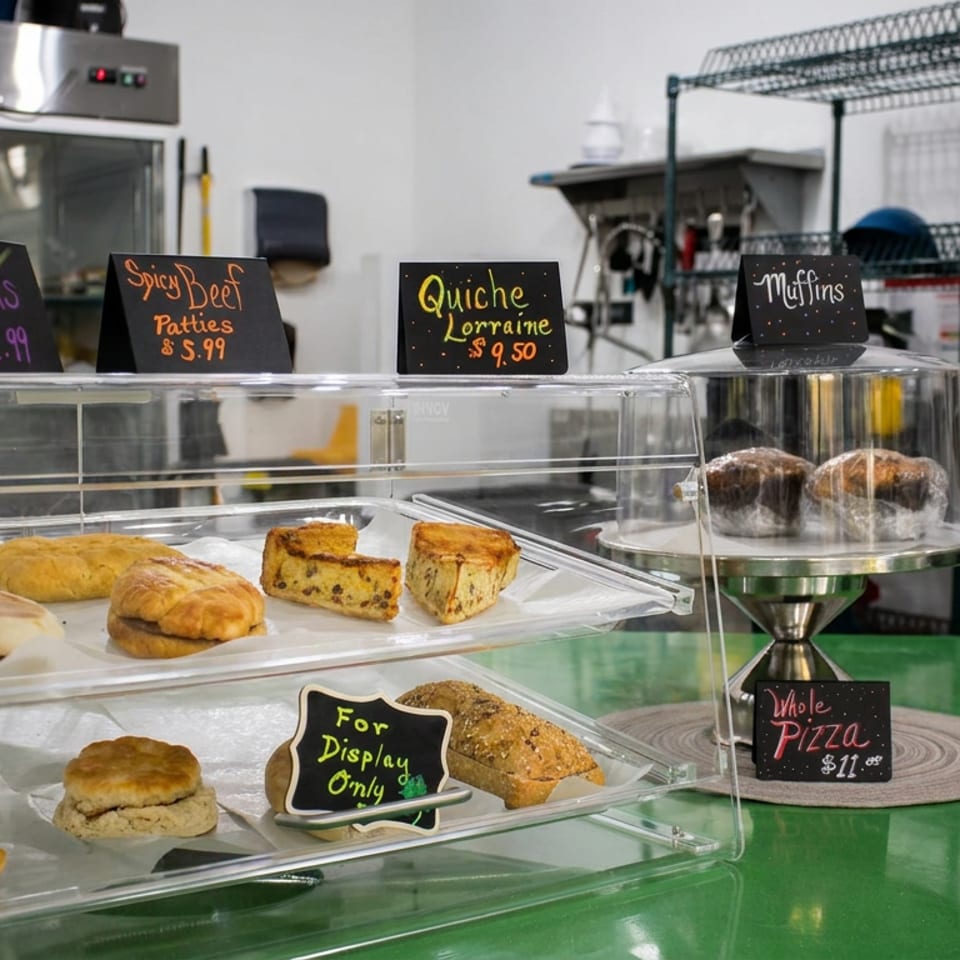 Bakery display case featuring pastries, biscuits, quiche, muffins, pizza, and handwritten chalkboard price labels.